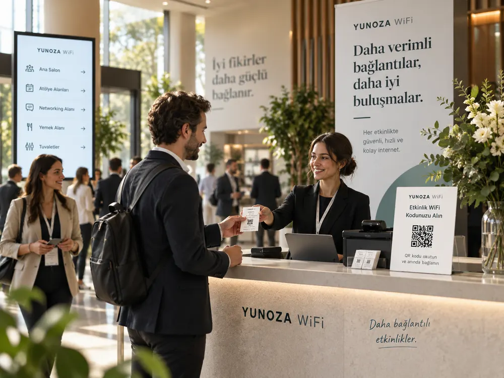 Etkinlik resepsiyonunda katılımcıya WiFi kodlu fiş veren görevli