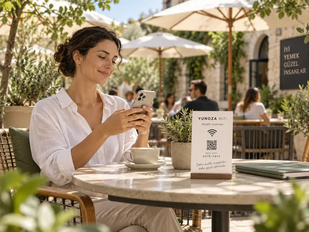 Açık hava kafesinde masadaki WiFi kartının yanında telefonuna bakan misafir