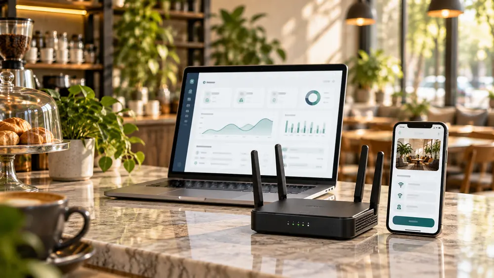 Tezgâhta Yunoza panelinin açık olduğu dizüstü bilgisayar, router ve misafir portalını gösteren telefon