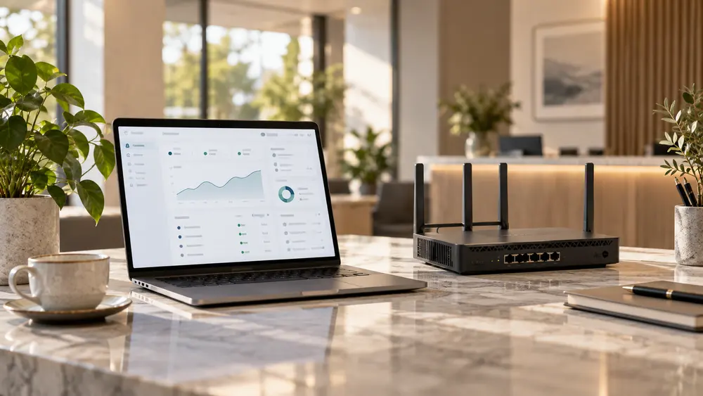 Lobide Yunoza yönetim panelinin açık olduğu dizüstü bilgisayar ve router