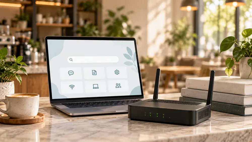 Tezgâhta yardım merkezi açık dizüstü bilgisayar, router ve kitaplar