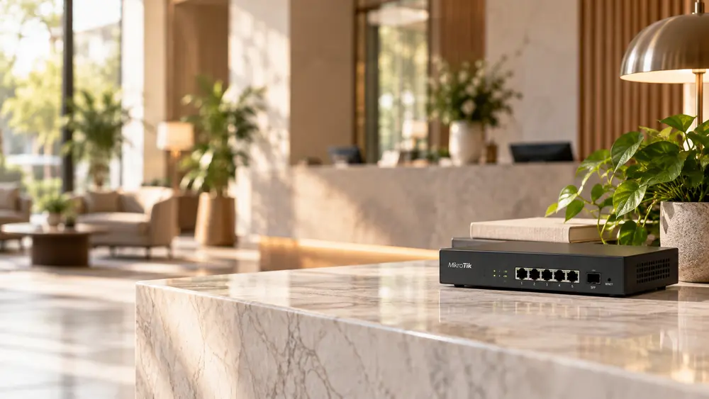 Otel resepsiyonunda mermer tezgâh üzerinde duran router