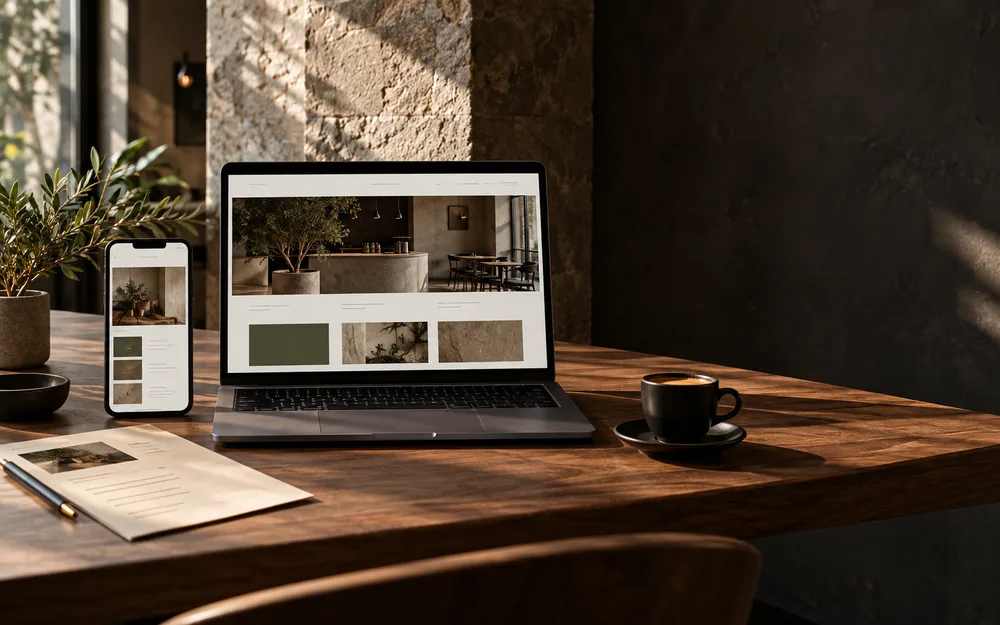 Laptop ve telefonda web sitesi önizlemeleri bulunan kafe masası