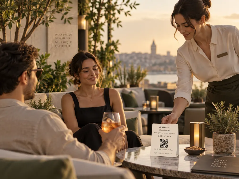 Çatı katı restoranında misafirlerin masasına WiFi kartı bırakan garson